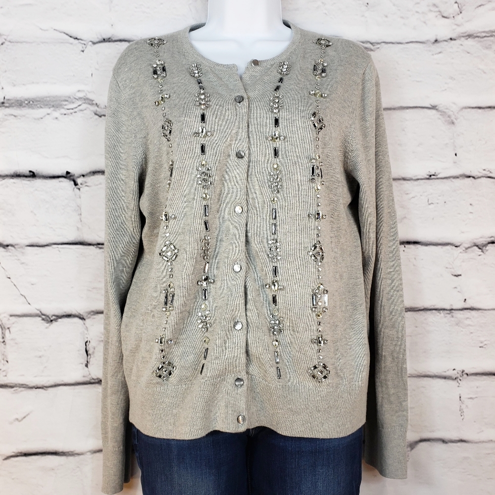 Ann Taylor Gray Rhinestone Jewel Cardigan Size L